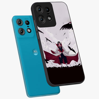 Crimson Crow Ascension Glass Case displayed in angled mockup highlighting powerful crow illustration with dark crimson aesthetic.