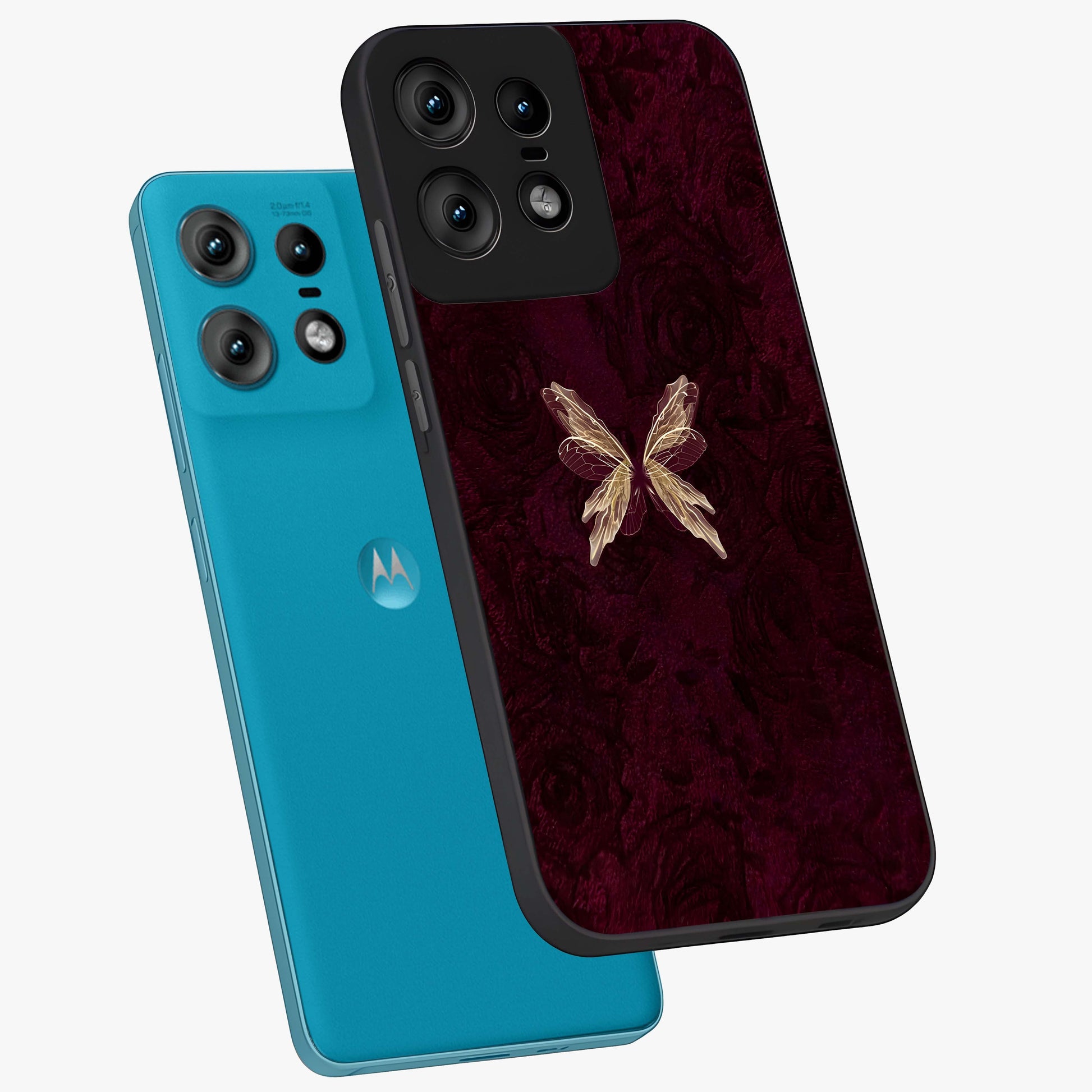 Crimson Fade Butterfly Glass Case displayed in angled mockup highlighting elegant butterfly design with crimson gradient aesthetic.