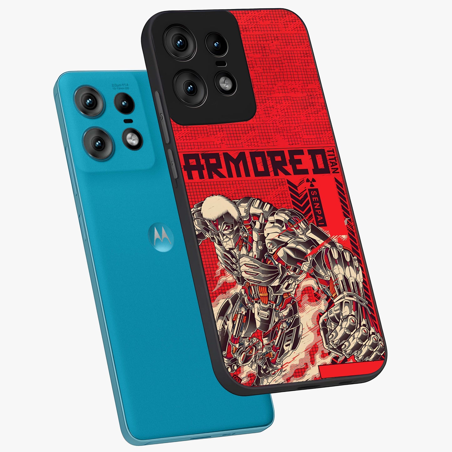 Crimson Mecha Titan Glass Case displayed in angled mockup highlighting futuristic mech illustration with bold crimson aesthetic.