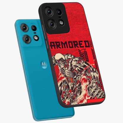 Crimson Mecha Titan Glass Case displayed in angled mockup highlighting futuristic mech illustration with bold crimson aesthetic.
