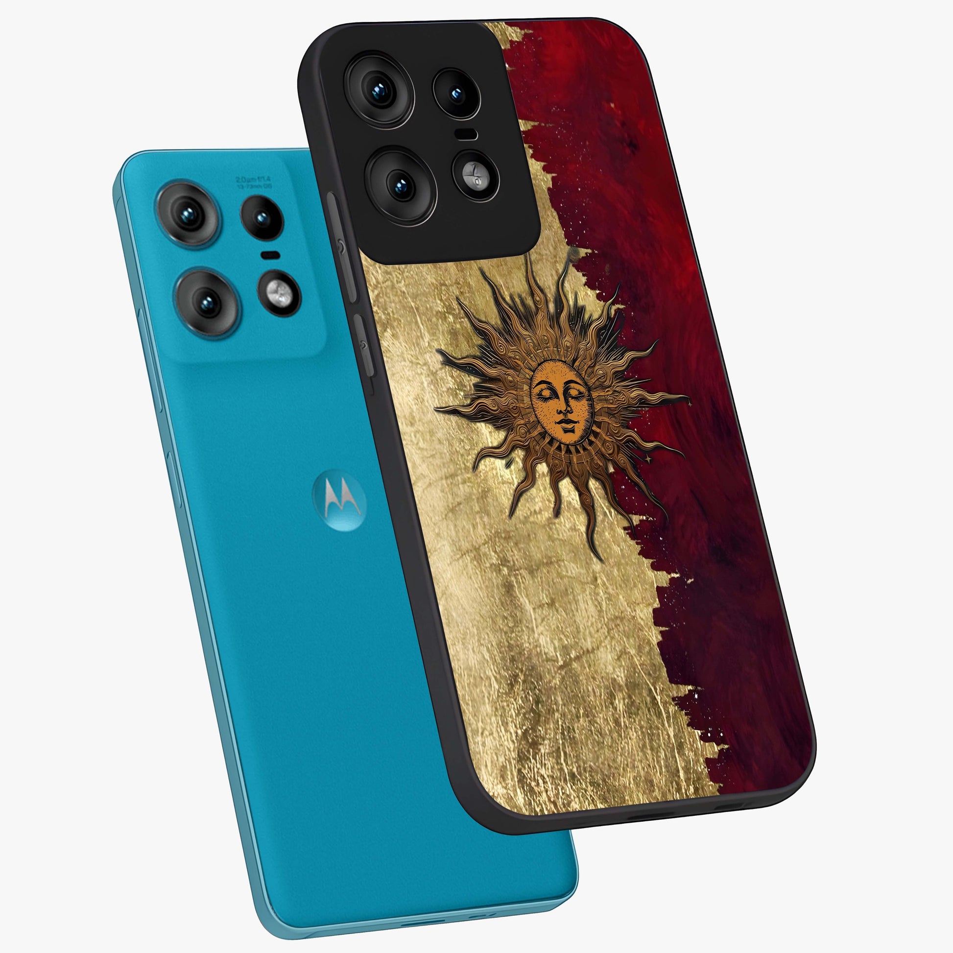 Crimson Sun Majesty Glass Case displayed in angled mockup highlighting majestic crimson sun design with bold aesthetic style.