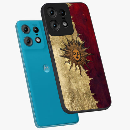 Crimson Sun Majesty Glass Case displayed in angled mockup highlighting majestic crimson sun design with bold aesthetic style.
