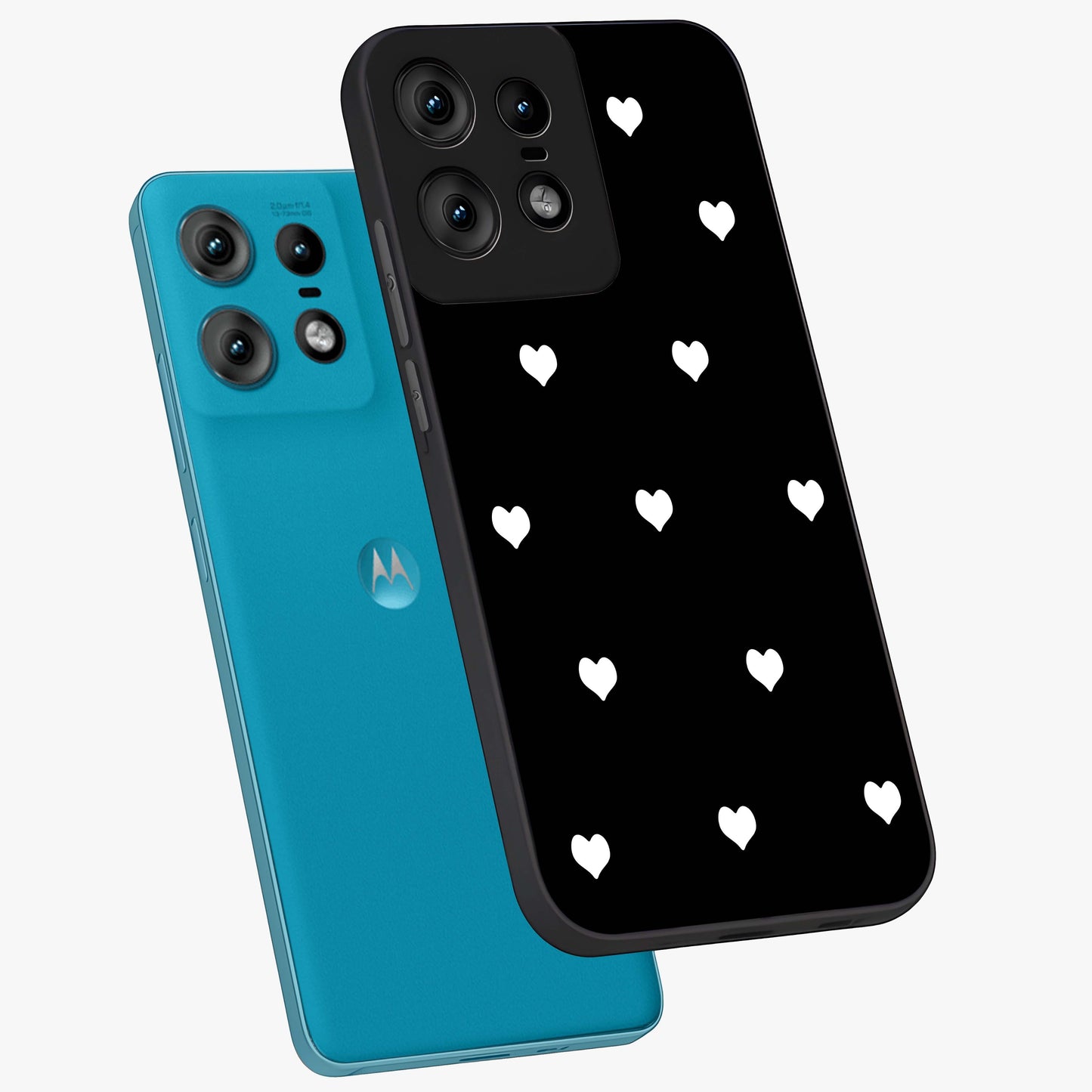 Cute And Simple White Hearts Glass Case displayed in angled mockup highlighting cute heart design with clean aesthetic style.