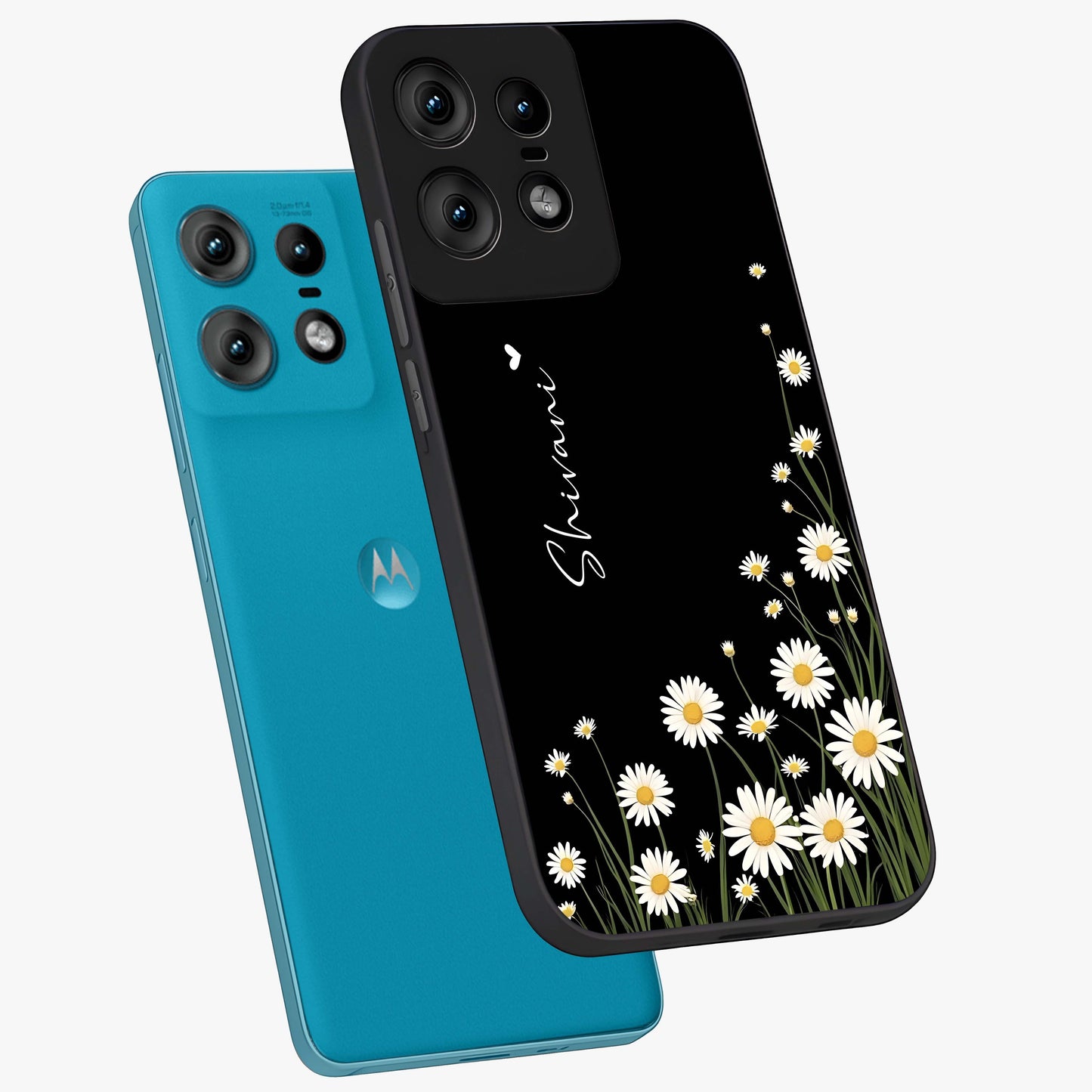 Daisy Cascade Custom Name Glass Case displayed in angled mockup highlighting delicate daisy artwork with custom name feature.