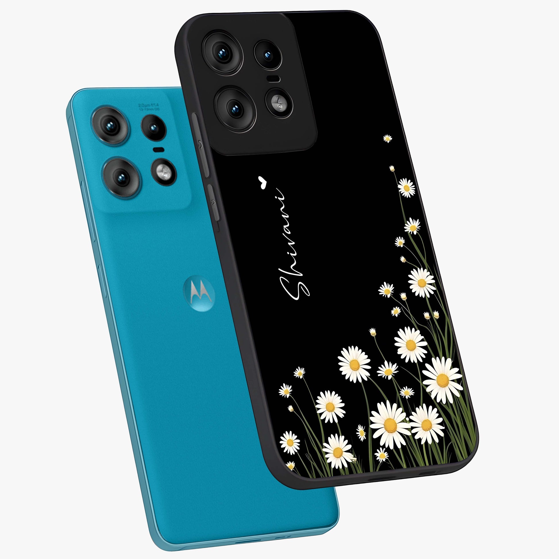 Daisy Cascade Custom Name Glass Case displayed in angled mockup highlighting delicate daisy artwork with custom name feature.