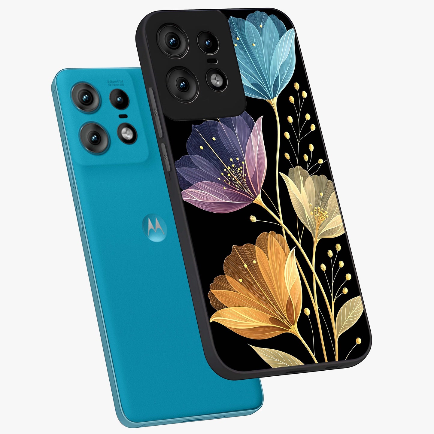 Delicate Multicolor Flowers Glass Case displayed in angled mockup highlighting colorful flower pattern with soft aesthetic style.
