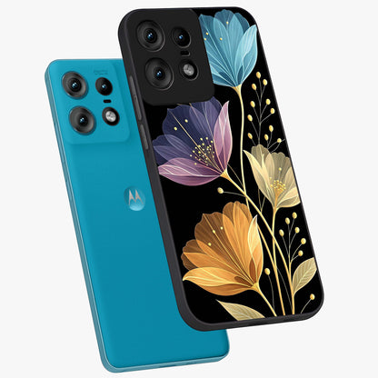 Delicate Multicolor Flowers Glass Case displayed in angled mockup highlighting colorful flower pattern with soft aesthetic style.