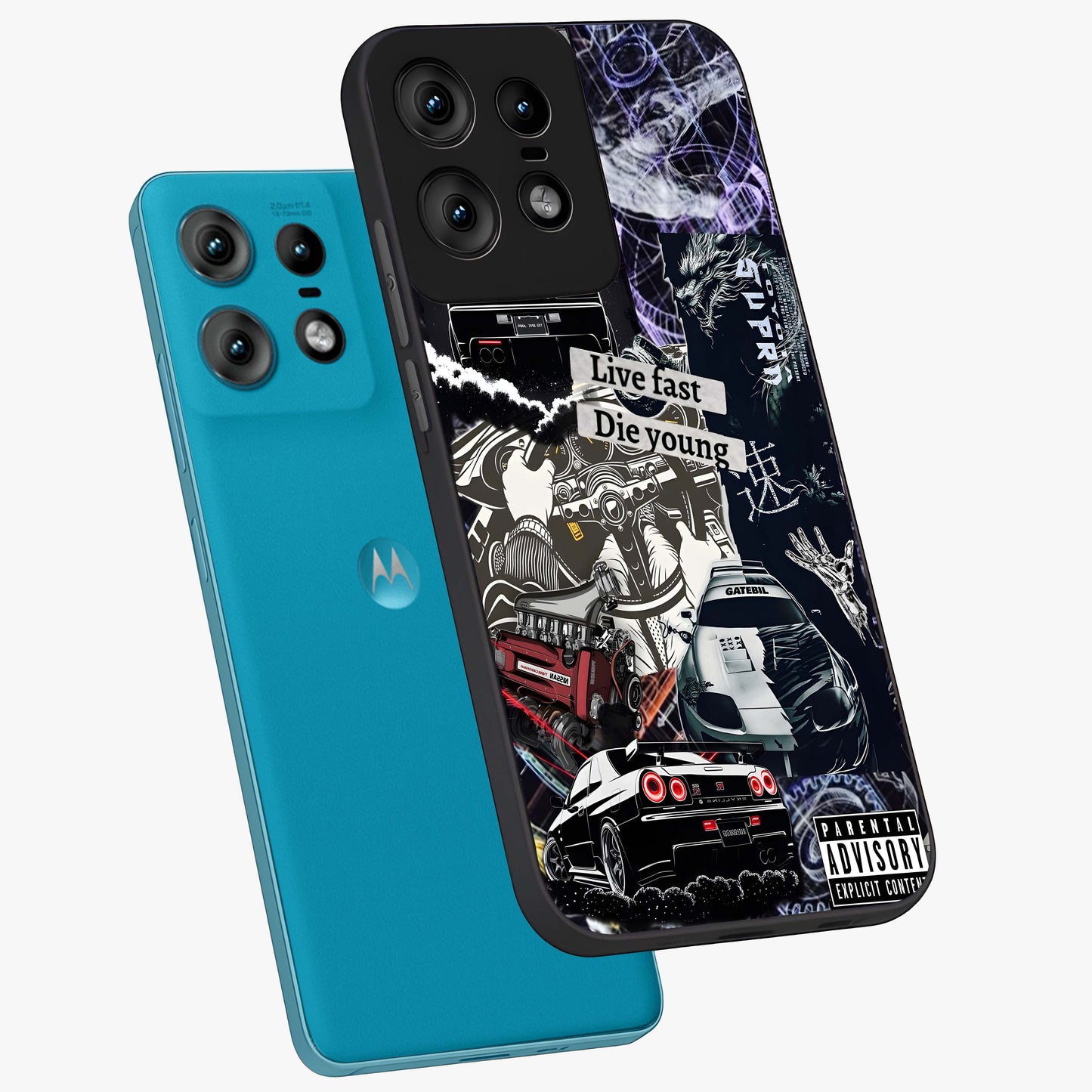 Die Young Glass Case displayed in angled mockup highlighting expressive graphic artwork with edgy aesthetic style.