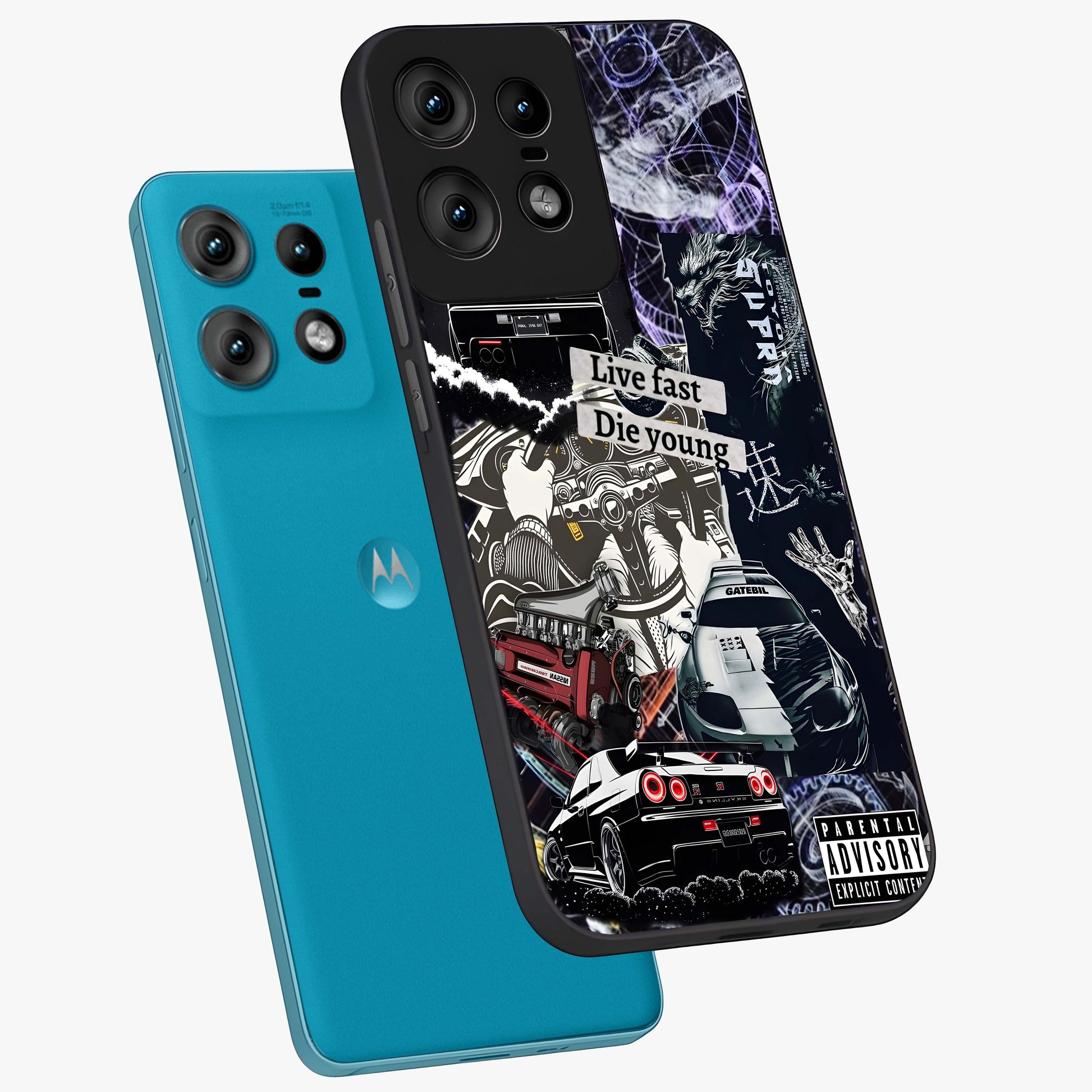 Die Young Glass Case displayed in angled mockup highlighting expressive graphic artwork with edgy aesthetic style.