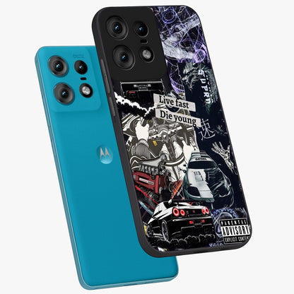 Die Young Glass Case displayed in angled mockup highlighting expressive graphic artwork with edgy aesthetic style.