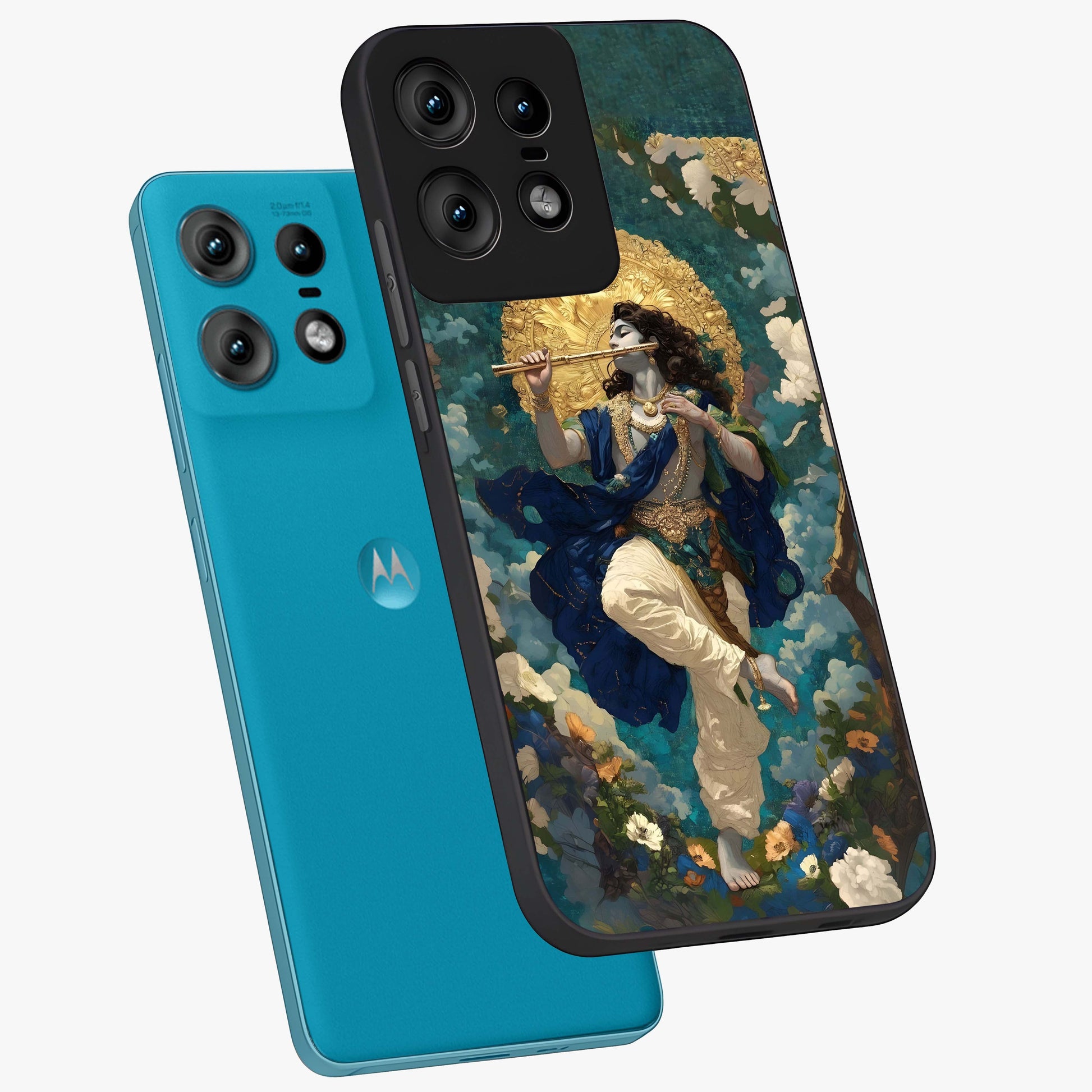 Divine Krishna Art Glass Case displayed in angled mockup highlighting spiritual Krishna illustration with devotional aesthetic.