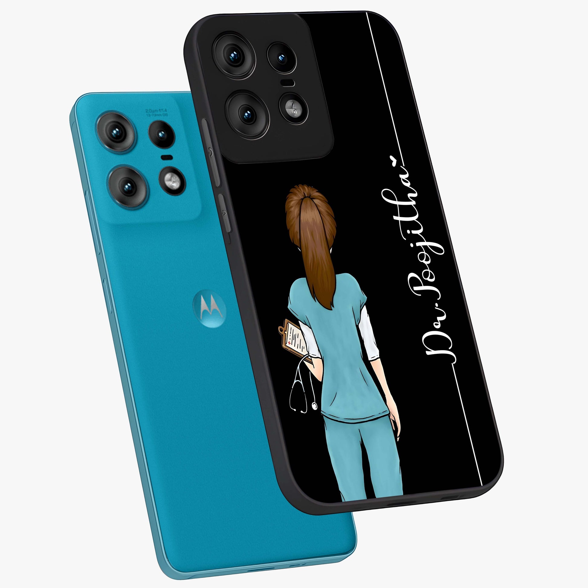 Doctor Pattern Custom Name Glass Case displayed in angled mockup highlighting doctor inspired artwork with custom name feature.