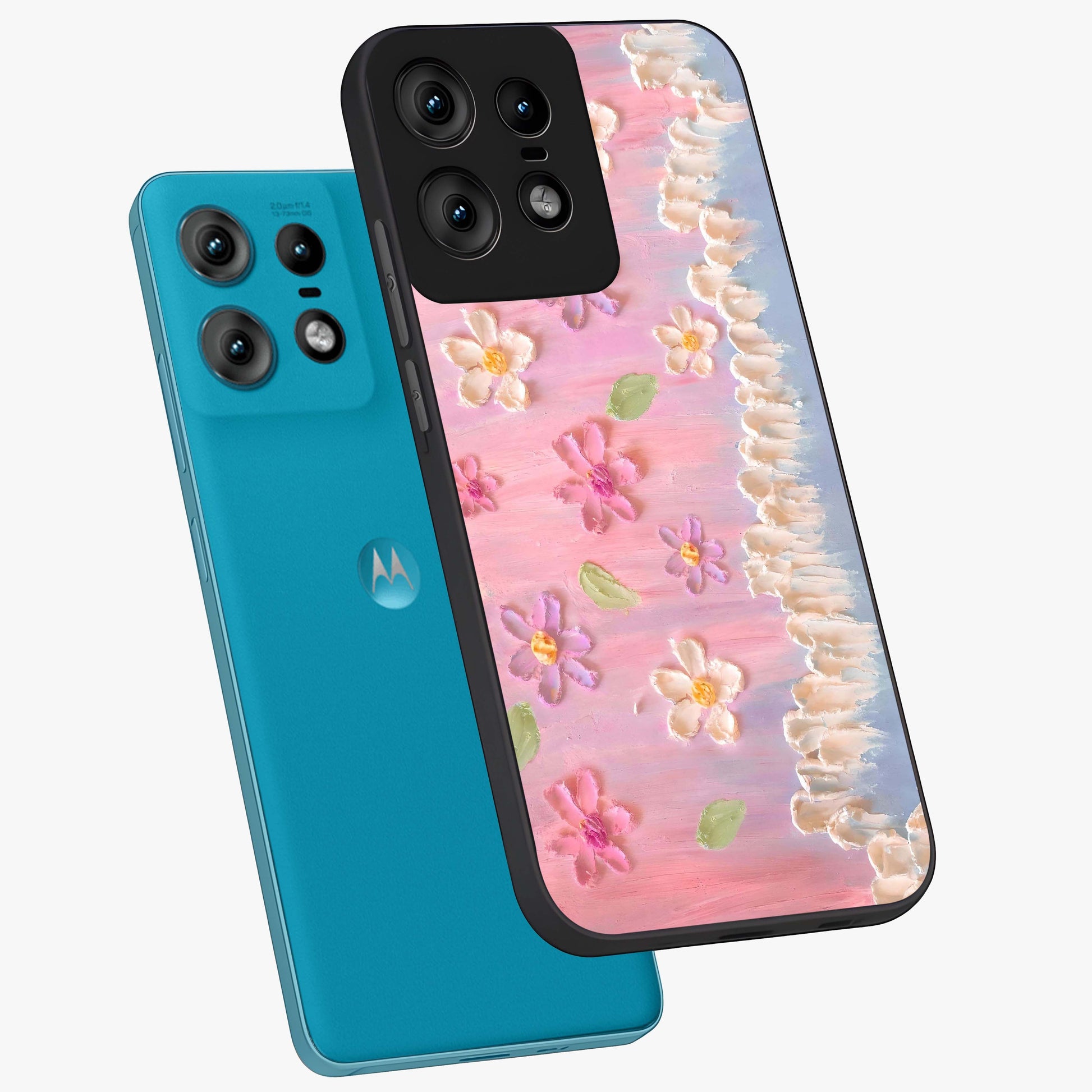 Dreamy Painted Garden Glass Case displayed in angled mockup highlighting colorful garden illustration with dreamy aesthetic style.
