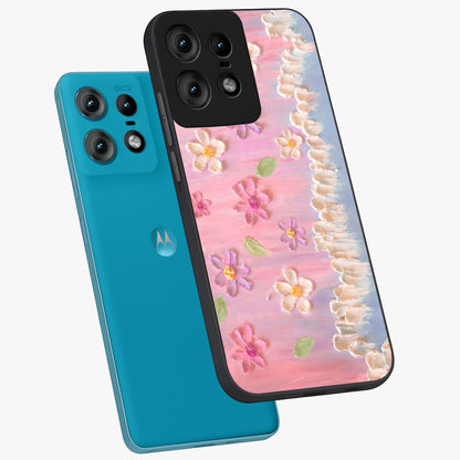 Dreamy Painted Garden Glass Case displayed in angled mockup highlighting colorful garden illustration with dreamy aesthetic style.