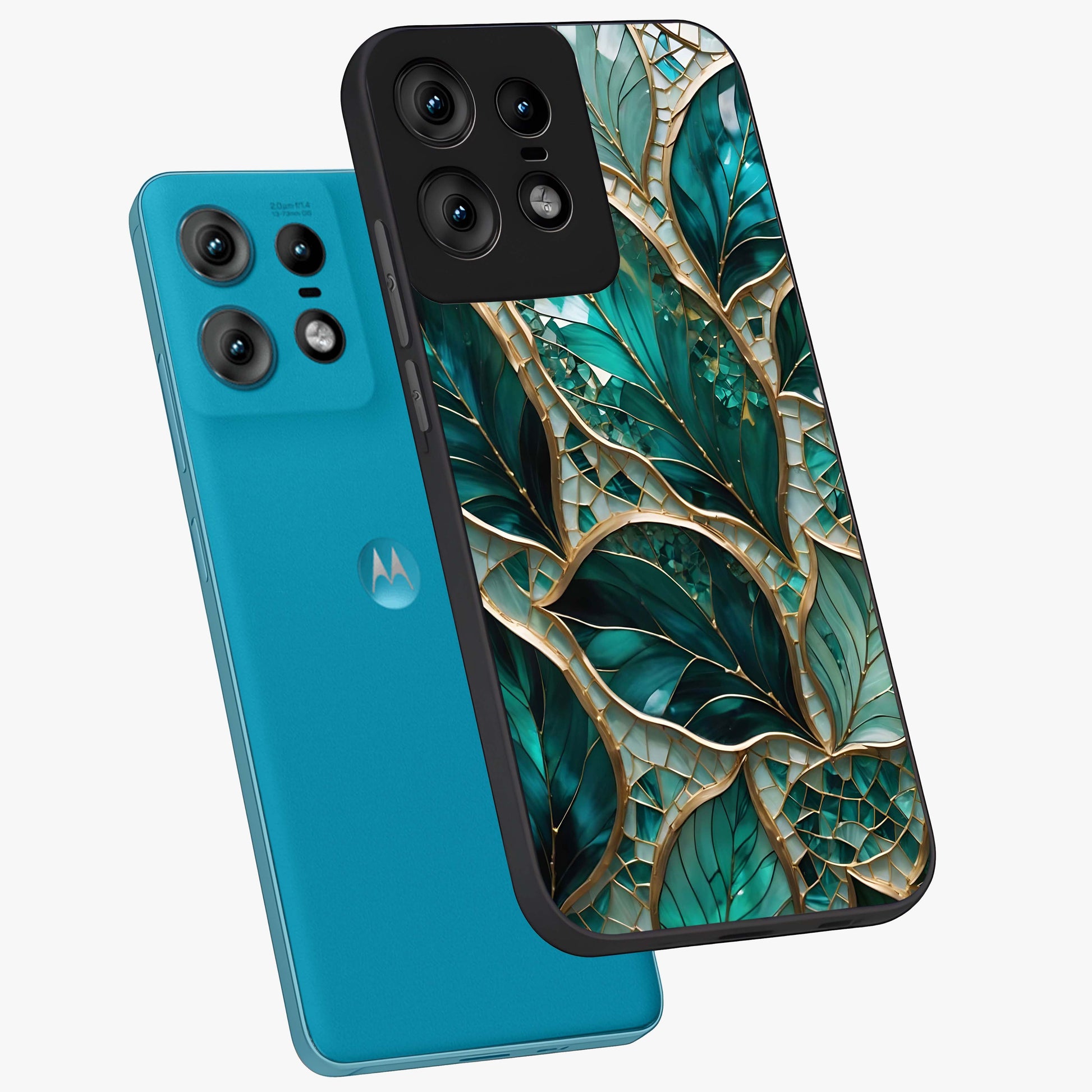 Emerald Leaf Glass Glass Case displayed in angled mockup highlighting botanical leaf illustration with elegant natural aesthetic.