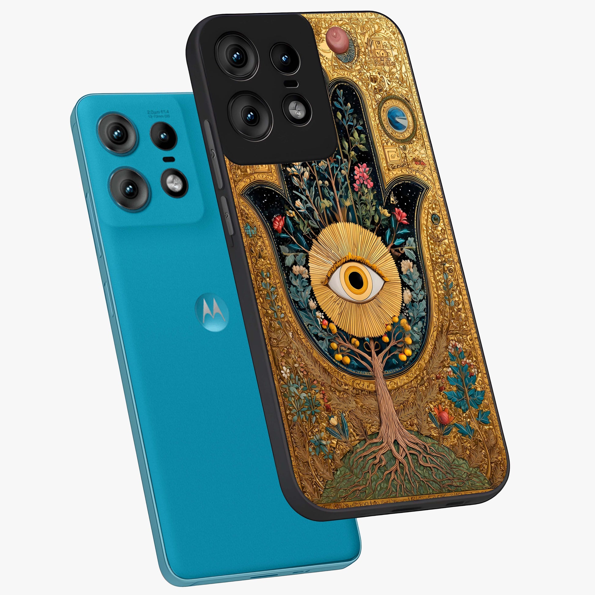 Ethereal Evil Eye Glass Case displayed in angled mockup highlighting protective evil eye symbol with spiritual aesthetic design.