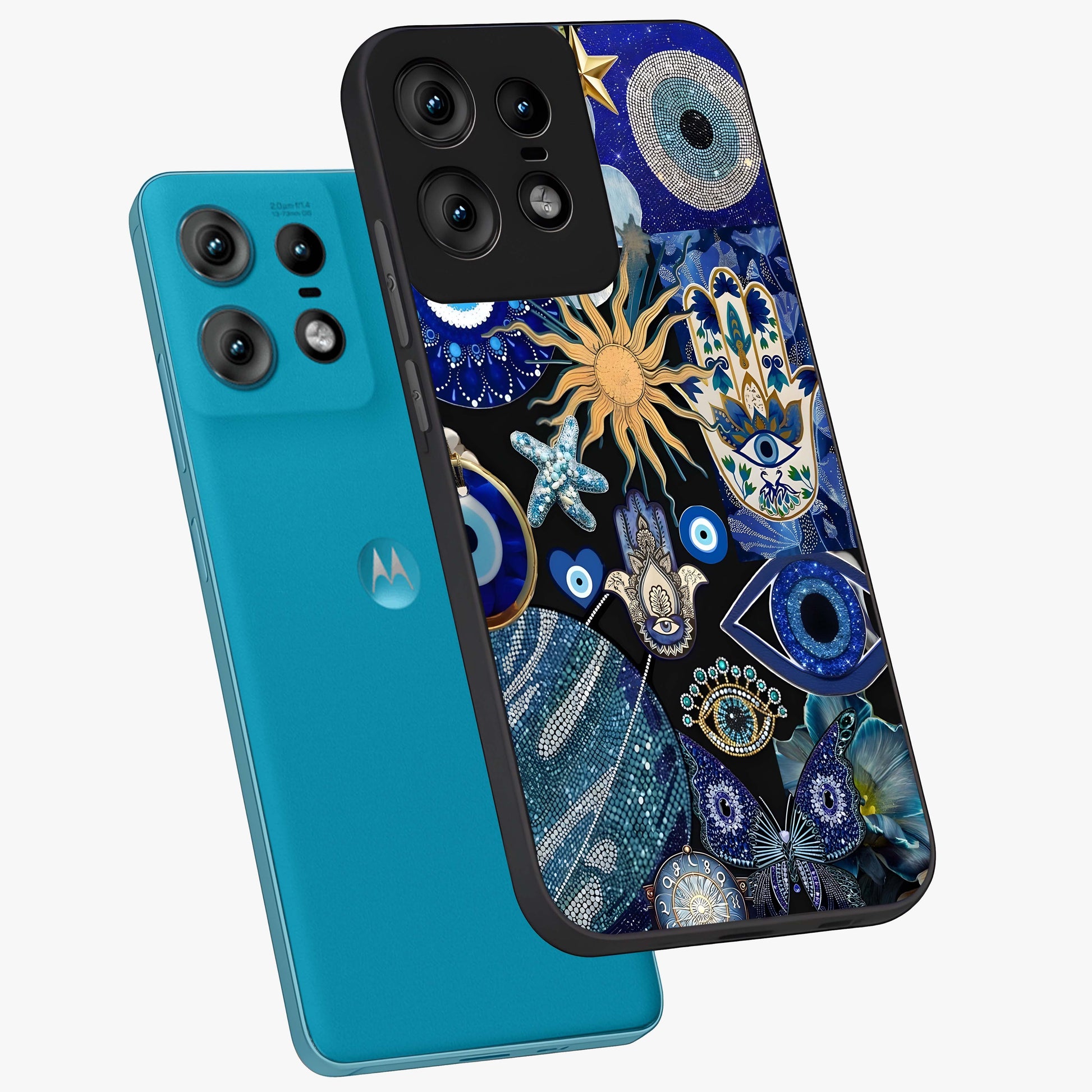 Evil Eye Charm Mix Glass Case displayed in angled mockup highlighting protective evil eye symbols with spiritual aesthetic design.