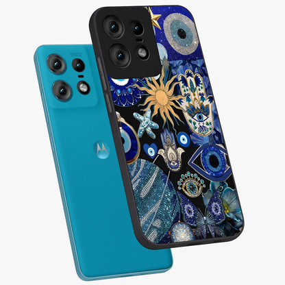 Evil Eye Charm Mix Glass Case displayed in angled mockup highlighting protective evil eye symbols with spiritual aesthetic design.