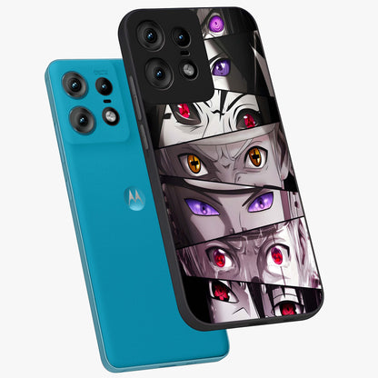 Eyes of Destiny Glass Case displayed in angled mockup highlighting bold eye illustration with mystical aesthetic style.