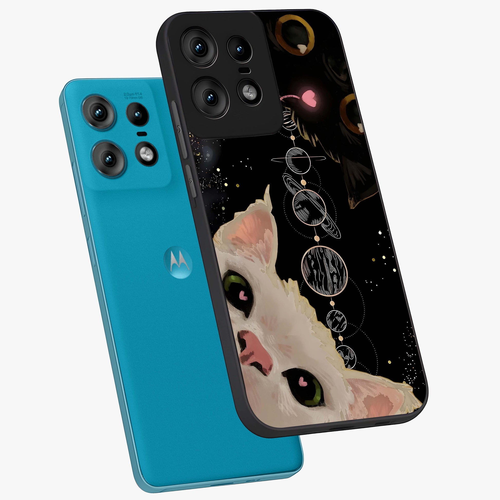 Galactic Cat Glass Case displayed in angled mockup highlighting celestial feline illustration with galaxy aesthetic style.