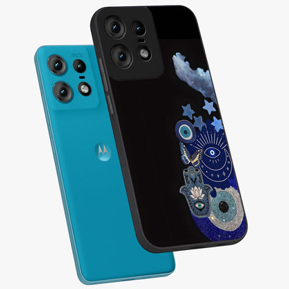 Galactic Charm Cluster Glass Case displayed in angled mockup highlighting luminous galaxy inspired design with dreamy aesthetic.