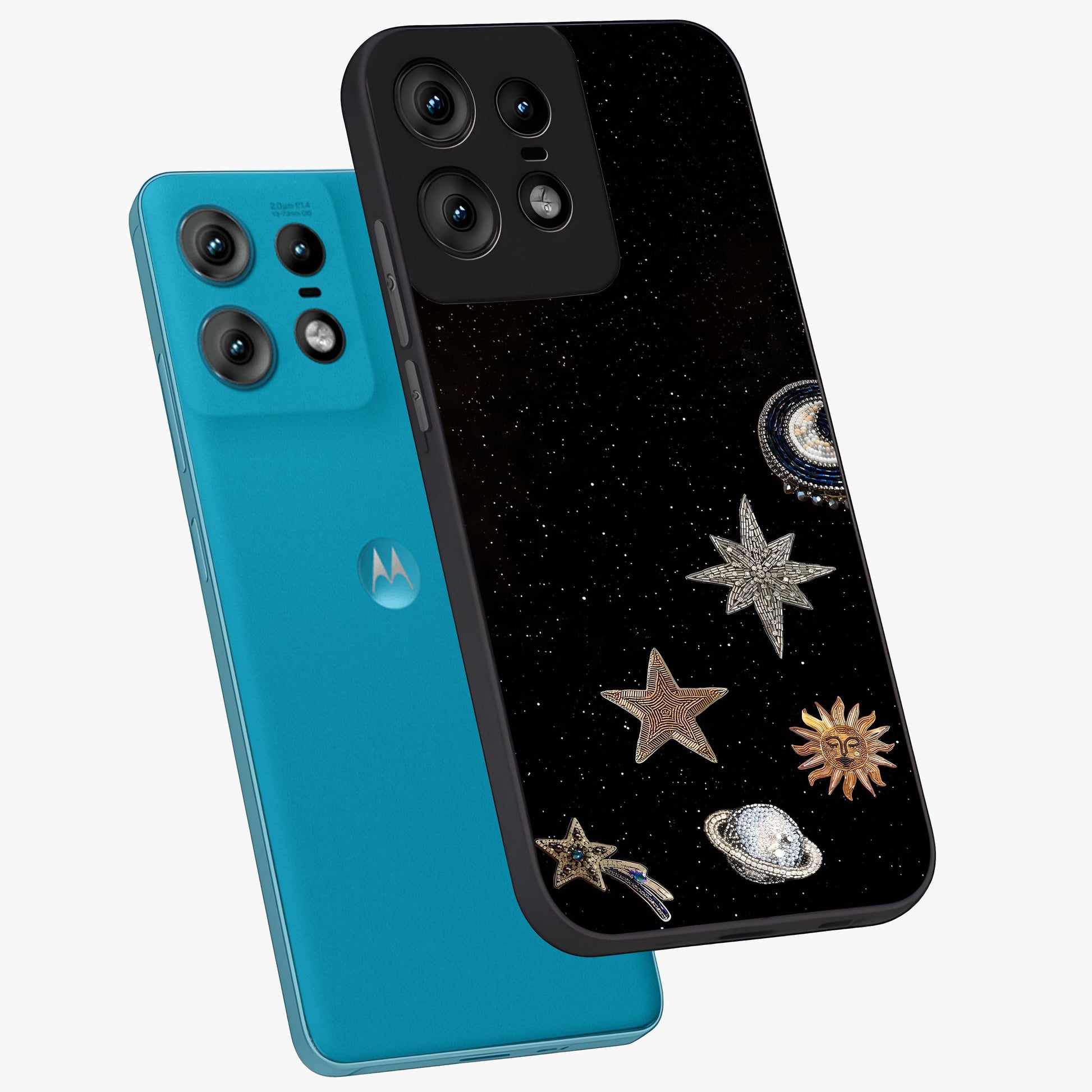 Galactic Charm Glow Glass Case displayed in angled mockup highlighting luminous galaxy inspired design with dreamy aesthetic.