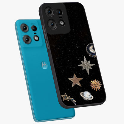 Galactic Charm Glow Glass Case displayed in angled mockup highlighting luminous galaxy inspired design with dreamy aesthetic.