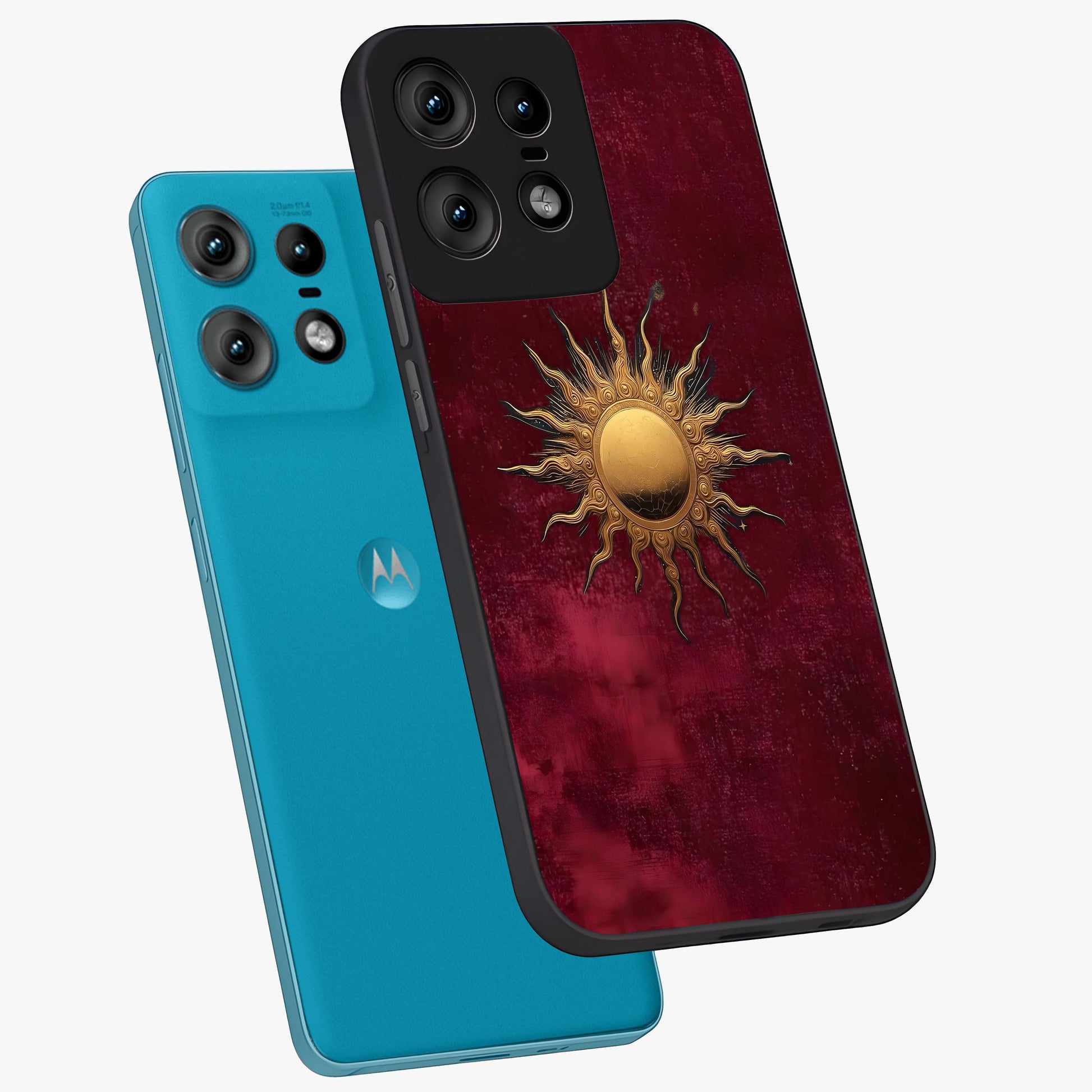 Golden Sun Minimalism Glass Case displayed in angled mockup highlighting clean sun symbol design with modern minimal aesthetic.