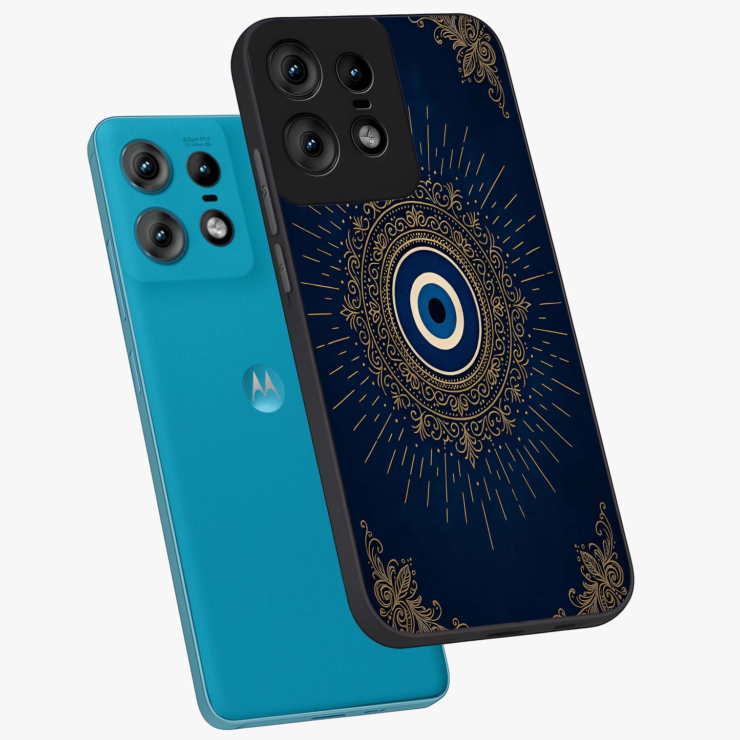 Golden Celestial Charm Glass Case displayed in angled mockup highlighting sparkling cosmic charm design with celestial aesthetic.