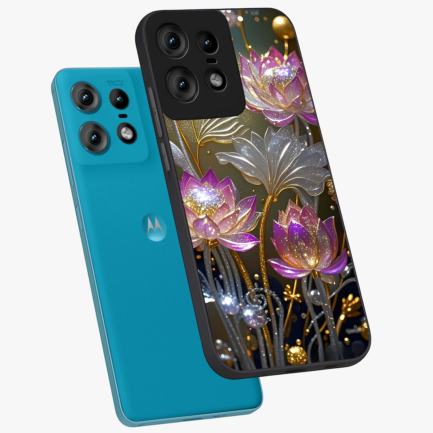 Golden Floral Majesty Glass Case displayed in angled mockup highlighting elegant flower design with royal golden aesthetic.