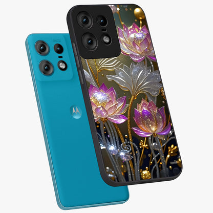 Golden Floral Majesty Glass Case displayed in angled mockup highlighting elegant flower design with royal golden aesthetic.