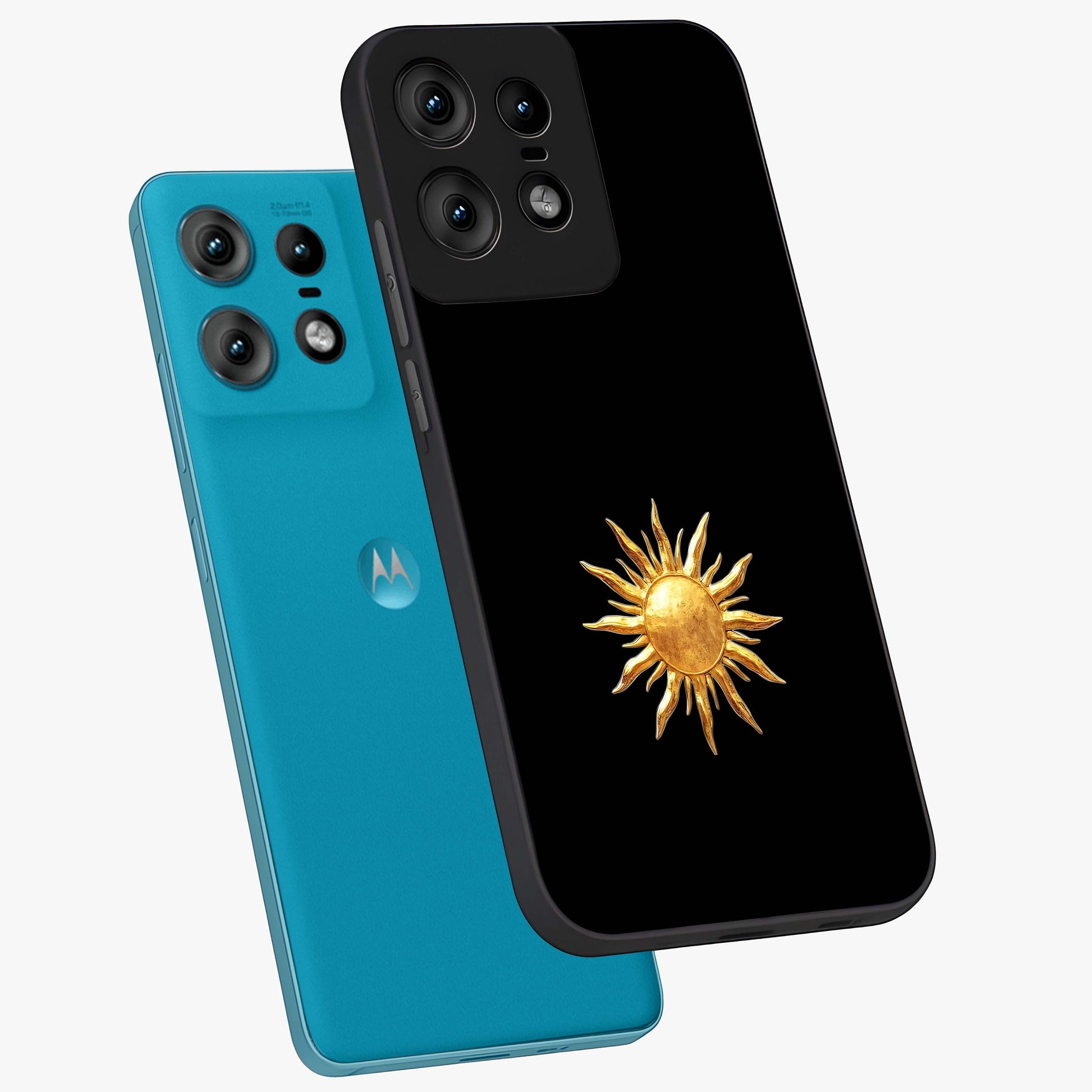 Golden Sun Minimalism Glass Case displayed in angled mockup highlighting eerie shadow illustration with gothic aesthetic.