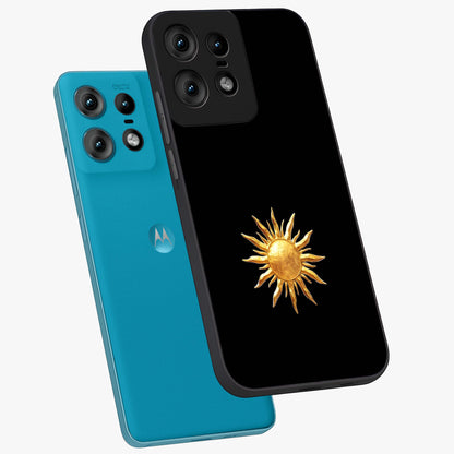 Golden Sun Minimalism Glass Case displayed in angled mockup highlighting eerie shadow illustration with gothic aesthetic.