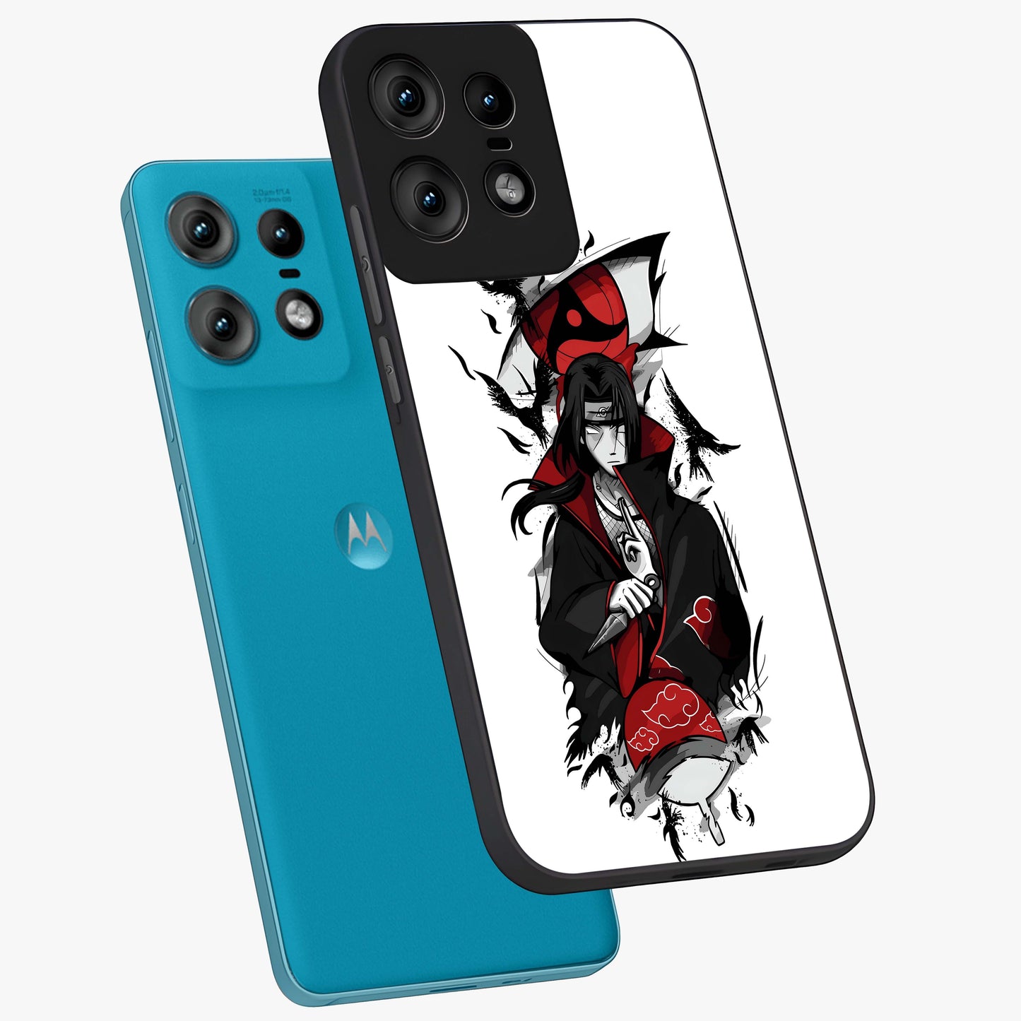 Itachi Limited Edition Naruto Anime Glass Case displayed in angled mockup highlighting dramatic anime illustration with bold action aesthetic.