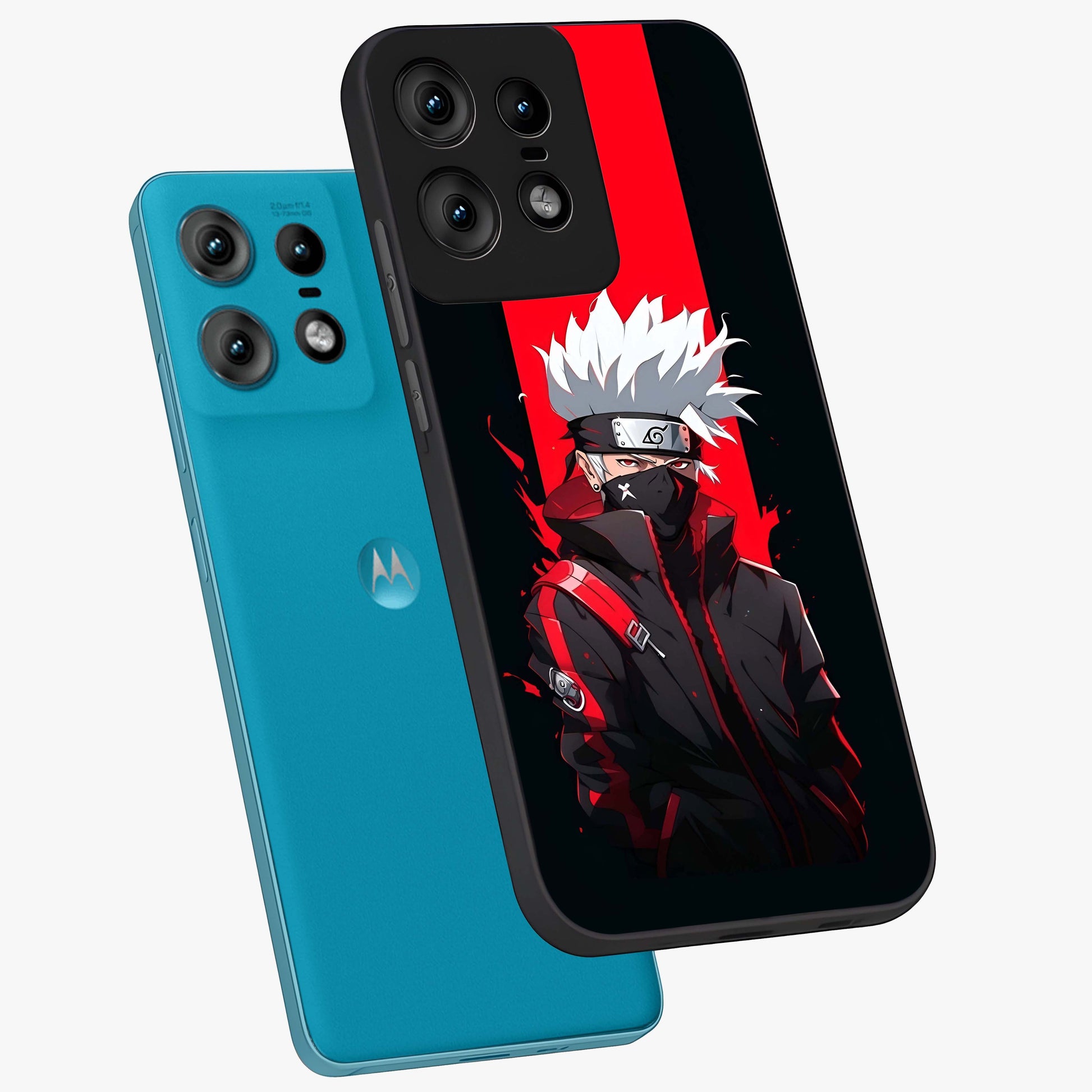 Kakashi Scarlet Shadow Glass Case displayed in angled mockup highlighting dramatic ninja illustration with scarlet themed aesthetic.