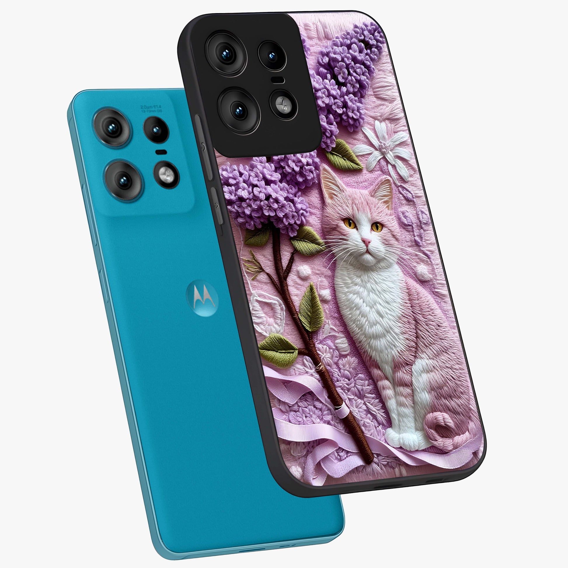 Lavender Cat Whimsy Glass Case displayed in angled mockup highlighting playful feline illustration with pastel lavender aesthetic.