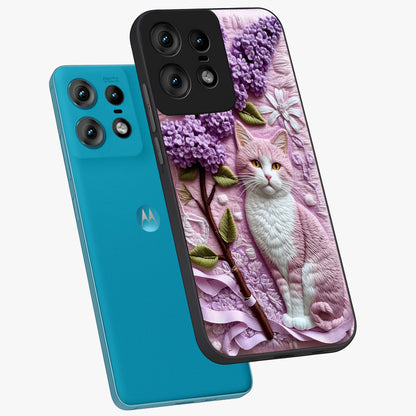 Lavender Cat Whimsy Glass Case displayed in angled mockup highlighting playful feline illustration with pastel lavender aesthetic.