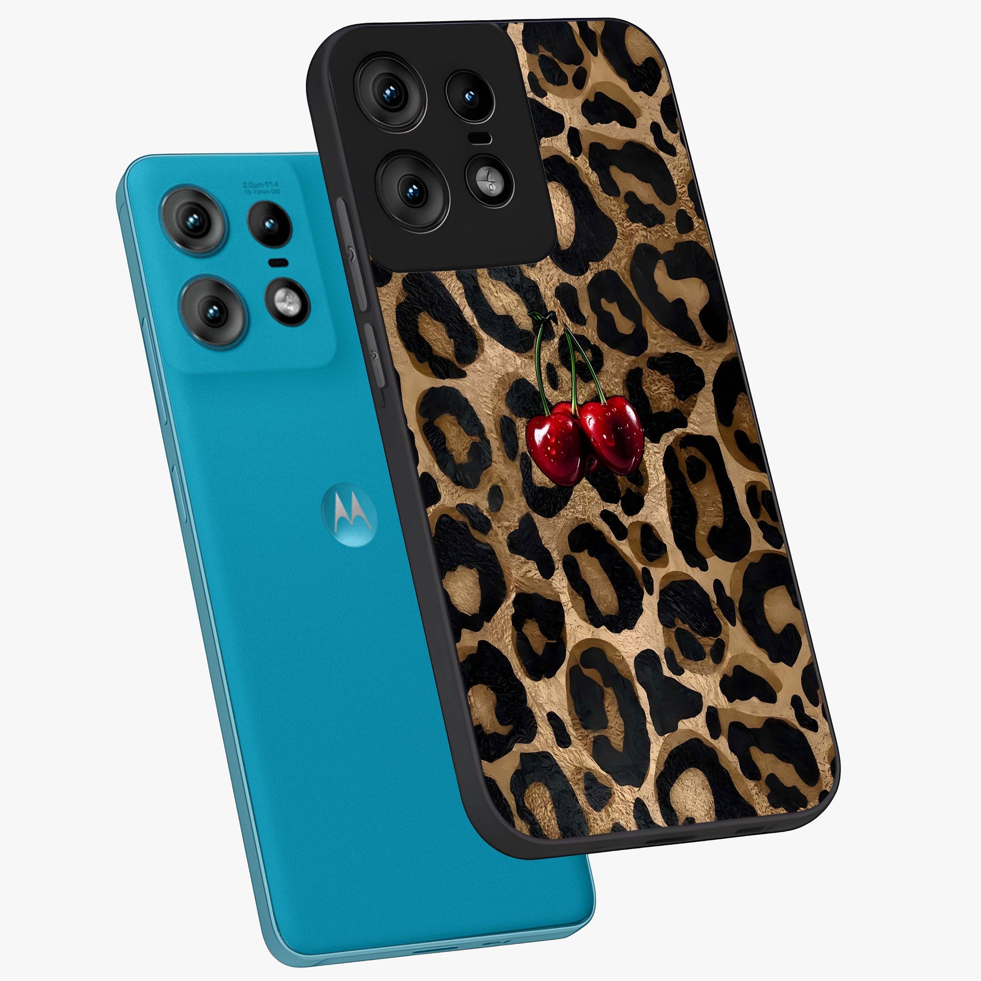 Leopard Wild Cherry Glass Case displayed in angled mockup highlighting bold animal print design with playful cherry aesthetic.
