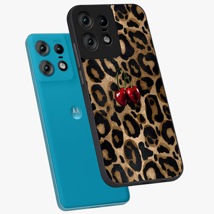 Leopard Wild Cherry Glass Case displayed in angled mockup highlighting bold animal print design with playful cherry aesthetic.