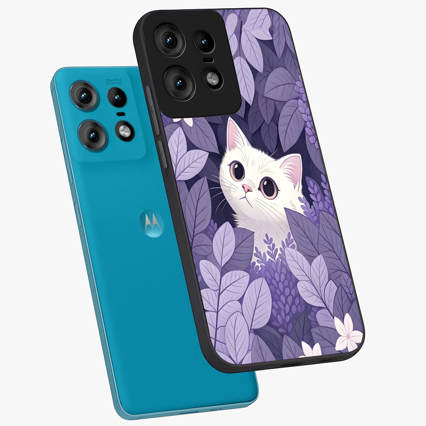 Lilac Hide Peek Cat Glass Case displayed in angled mockup highlighting playful feline illustration with lilac aesthetic design.