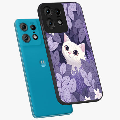 Lilac Hide Peek Cat Glass Case displayed in angled mockup highlighting playful feline illustration with lilac aesthetic design.