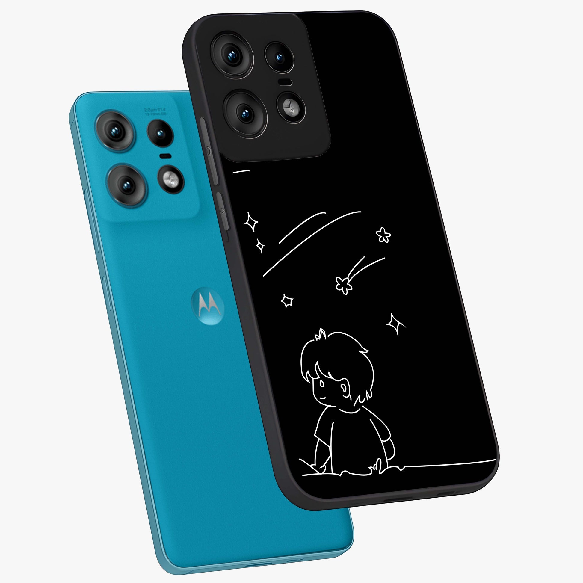 Line Art Boy With Shooting Stars Glass Case displayed in angled mockup highlighting elegant line art design with dreamy star aesthetic.