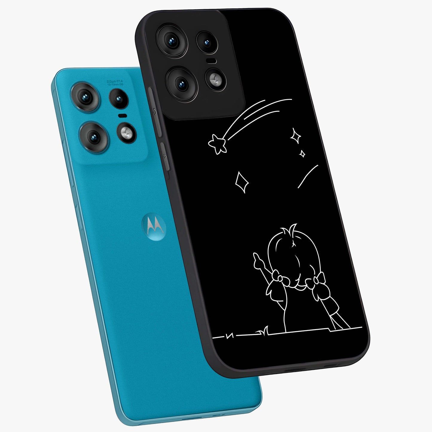 Line Art Girl With Shooting Stars Glass Case displayed in angled mockup highlighting elegant line art design with dreamy star aesthetic.