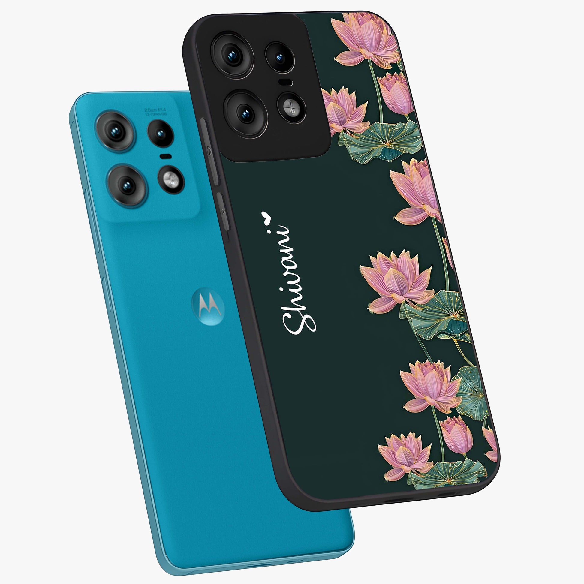 Lotus Bloom Serenity Custom Name Glass Case displayed in angled mockup highlighting graceful lotus illustration with custom name feature.