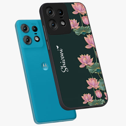 Lotus Bloom Serenity Custom Name Glass Case displayed in angled mockup highlighting graceful lotus illustration with custom name feature.