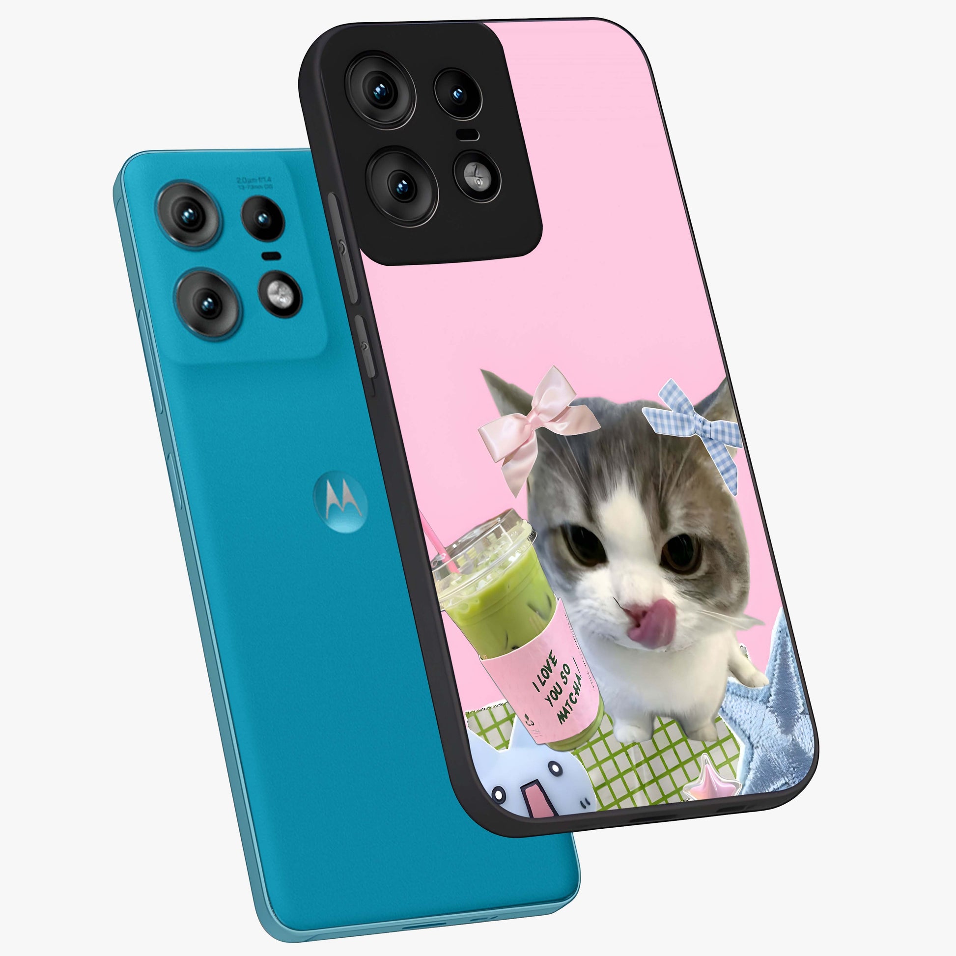 Love Matcha Cat Glass Case displayed in angled mockup highlighting playful feline illustration with cozy matcha aesthetic.