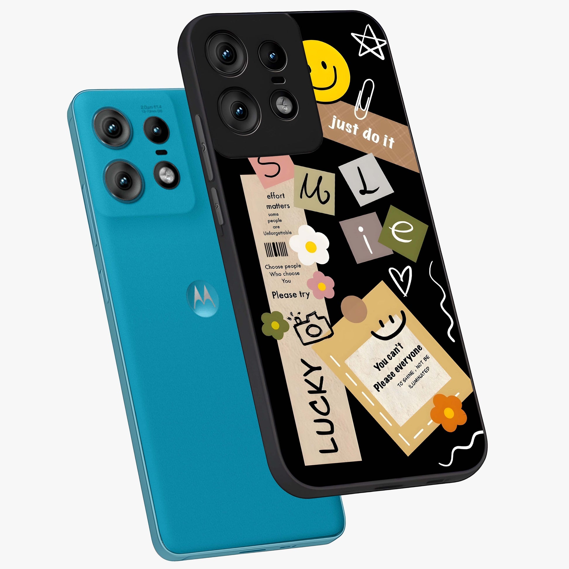 Lucky Aesthetic Collage Glass Case displayed in angled mockup highlighting stylish collage pattern with modern aesthetic vibe.