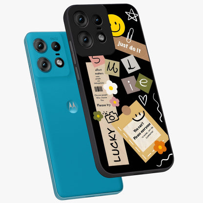 Lucky Aesthetic Collage Glass Case displayed in angled mockup highlighting stylish collage pattern with modern aesthetic vibe.