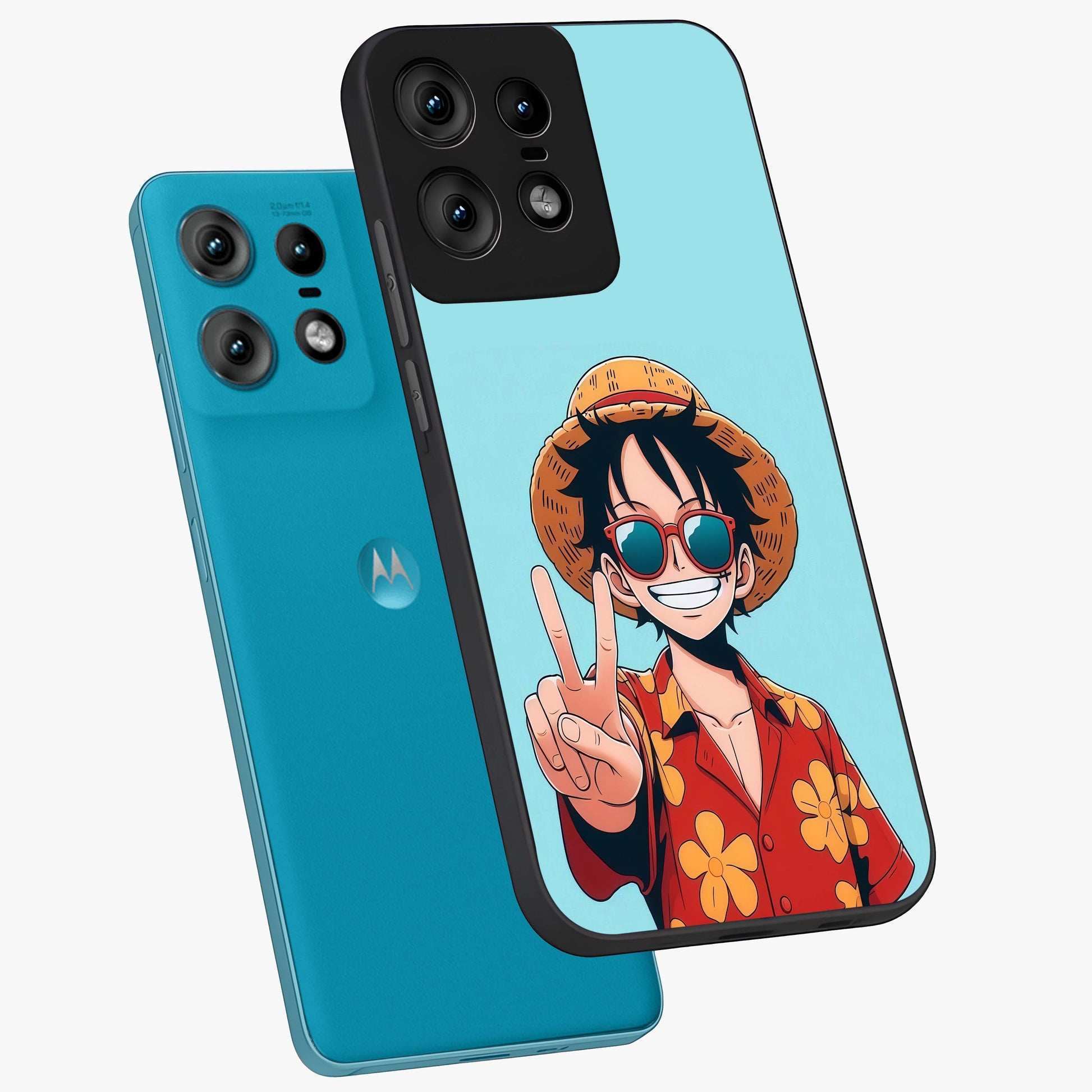 Luffy Summer Anime Vibe Glass Case displayed in angled mockup highlighting energetic anime illustration with summer vibe aesthetic.