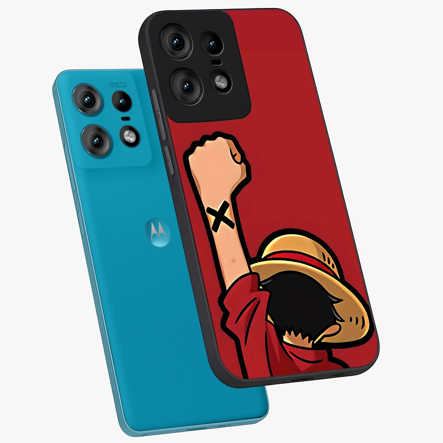 Luffy X Spirit Glass Case displayed in angled mockup highlighting powerful anime design with energetic action aesthetic.